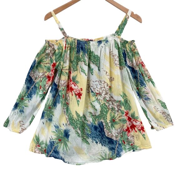 Chaps Blouse Top Womens Large Multi Tropical Print Sheer Off The Shoulder - Picture 7 of 14